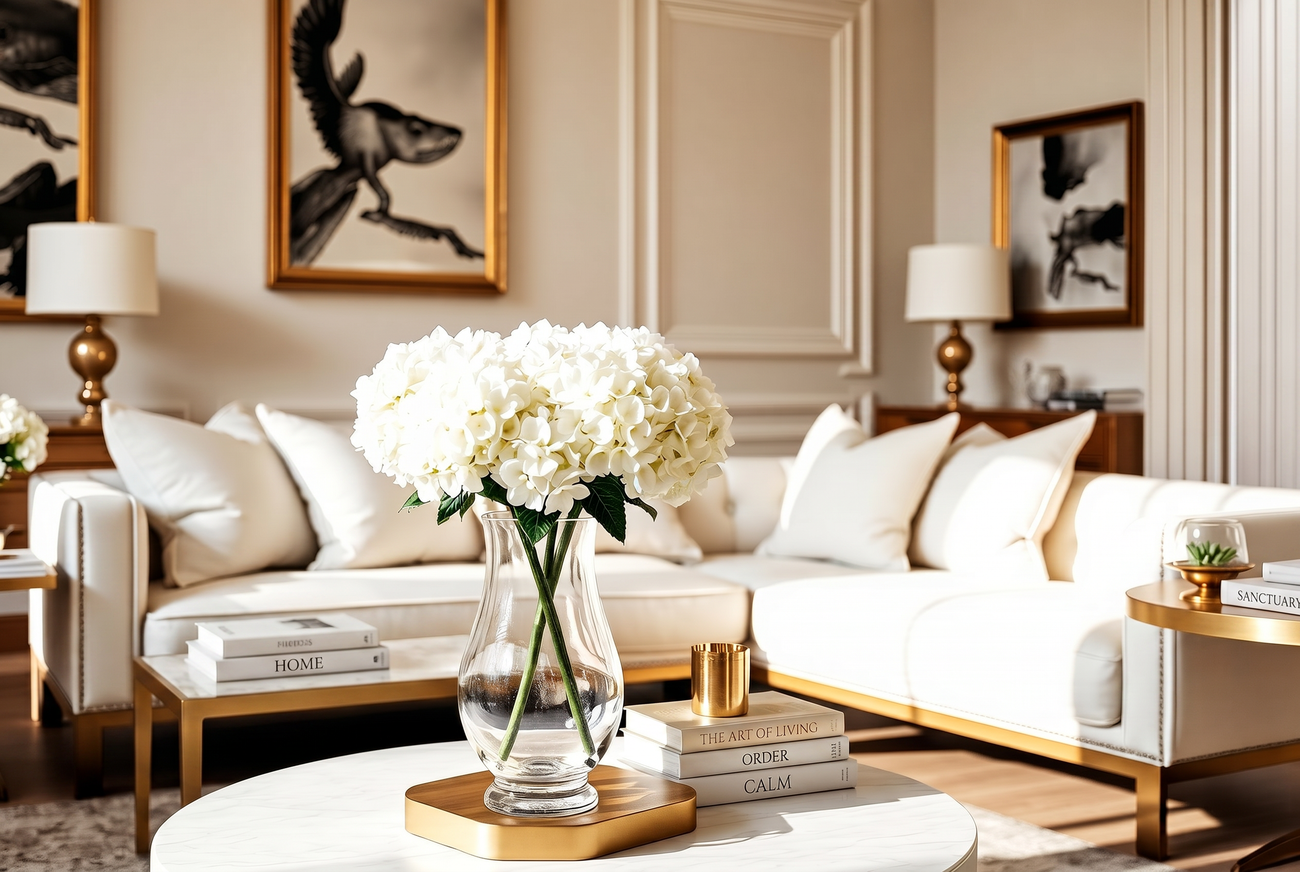 Luxury living room with fresh white hydrangeas on a marble table